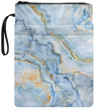 Buchumschlag Buchhülle, leicht, Buchschutz mit Reißverschluss, waschbarer Stoff, Buchtasche, 29,5 x 22,6 cm, für Buchliebhaber, Marmor Hellblau