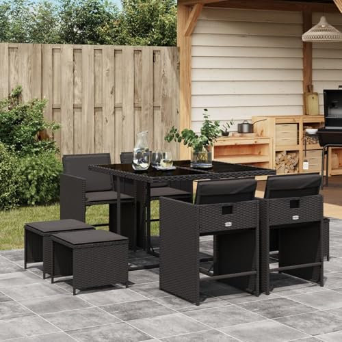 IKAYAA Gartenmöbel Set Rattan 8 Personen Garten sitzgruppe 8 Personen Gartentisch Set mit 8 stühlen Gartengarnitur Sitzgarnitur Essgruppe mit Kissen-Schwarz-9-tlg-Typ 2