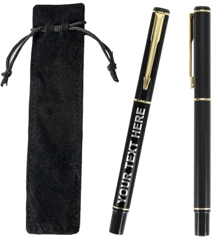 Tintenroller Personalisiert Kugelschreiber mit Gravur, 2 Stück Tintenroller Hochwertig & Samtbeutel, Kugelschreiber Dicke Mine, Rollerball Pen Personalisierte Geschenke (Schwarz Gold(Glänzend))