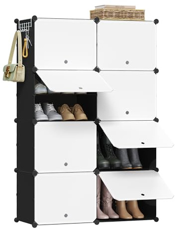 WOLTU Scarpiera da Ingresso, Porta Scarpe con 8 Scomparti, Scarpiera Modulare per 32 Paia di Scarpe, Contenitore per Scarpe con Porte, in Plastica e Metallo, Bianco + Nero, 35x35x45cm/Scomparto