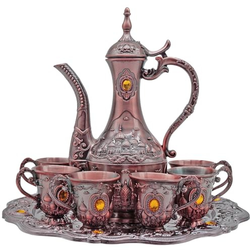Vintage Turkish Coffee Pot Set for 6 Including Tray and Teapot,Metal Cups,Teapot and Cup Set for One,Tea Service Set for Home Tea Table Decor,Wedding Ornaments(Copper)
