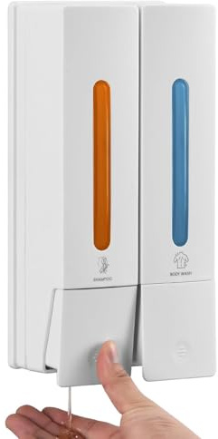 Seifenspender Wandbefestigung Ohne Bohren, 2 Kammer Duschgel Spender, Conditioner und Shampoo Spender für Bad (Weiß-2 Kammer)