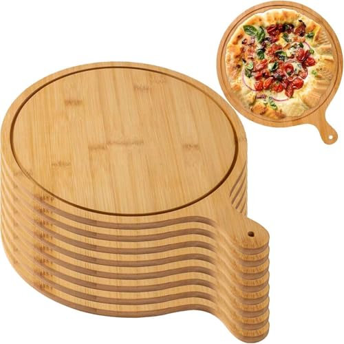 Juego de 8 tablas de pizza de madera, platos redondos de bambú de 6 a 13 pulgadas para cortar, servir y hornear, bandejas ligeras con asa, ideales para uso doméstico y fiestas