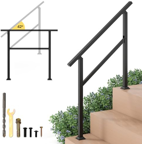 COSTWAY Outdoor Handrails for Stairs, Fits 1 to 2/3/4 Steps Adjustable Metal Hand Rails Stairs with Installation Kit, Banister Exterior Stair Railing for Garden Porch Entrance Balcony (1 to 3 Steps)