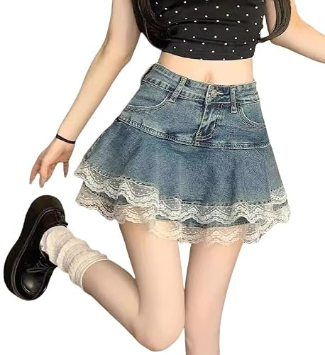 Y2K Mini jupe en jean taille haute pour femme – Jupe patineuse trapèze superposée avec bordure en dentelle, vêtements de rue décontractés