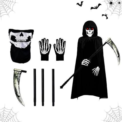 Deguisement Halloween Faucheuse,Déguisement Faucheuse pour adultes et enfants,masque de crâne, faux, gants de squelette,Cape Noire à Capuche pour la Halloween,Cosplay,Carnaval (Enfant-B)