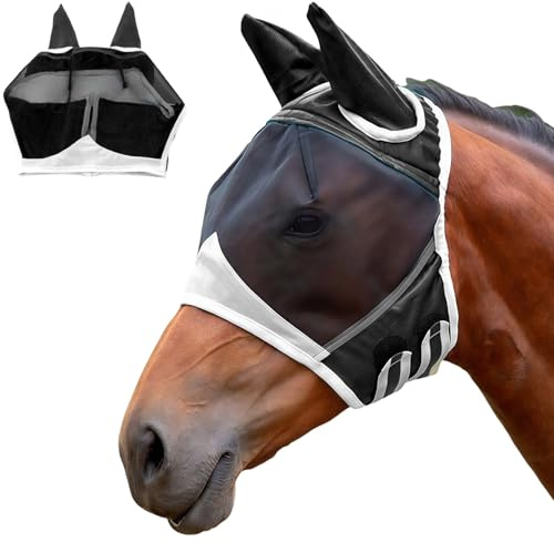 LUMOOM Masque anti-mouches pour cheval avec protection UV, masque de cheval avec protection des oreilles, cagoule anti-mouche, taille L, noir