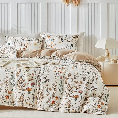 TTCM Double Duvet Set, Colorful Floral Double Duvet Cover Set with Zipper Closure, 3 Piece Floral Patterned Bedding Set, Ultra Soft Microfiber Duvet Cover with 4 Corner Ties (200x200cm)
