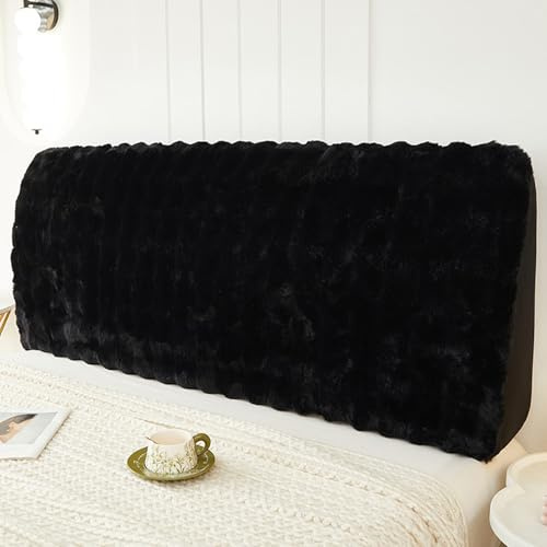 Treer Bett Kopfteil Bezug, Einfarbiger Plüsch Bettkopfteil Bezug Staubdicht Bettkopfteil Hussen, Waschbar Schutz Dekorativ für Schlafzimmer Bett Kopfteil (Schwarz,200cm)