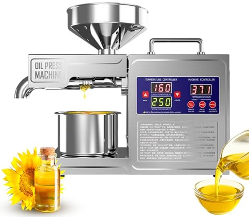 Moubhjd Prensa de Aceite Automática 1200W, Prensado en Frío y Caliente, Control Digital de Temperatura, Acero Inoxidable 304, para Extracción de Aceite de Semillas y Frutos Secos