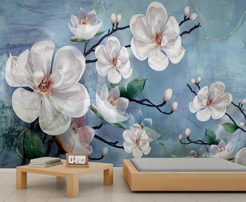 Elegant White Magnolia 3D Relief Wall Mural - Large Self-Adhesive Wallpaper for Bedroom Sofa Backdrop Home Decoration 280x200cm (Not Self-Adhesive)