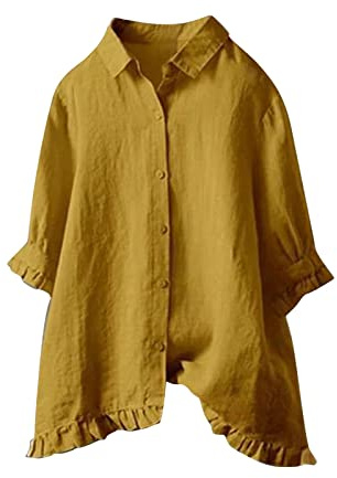 Top estivi da donna in garza con volant maniche a 3/4 camicie larghe in lino a maniche corte casual 2025 abito garza increspata oversize primavera puro cotone da donna taglie forti, Giallo, 5XL