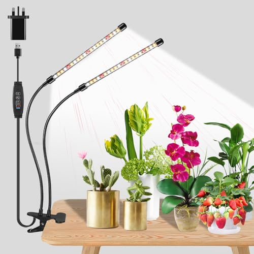 Czoumu Grow Lights for Indoor Plants, Full Spectrum LED Clip Grow Light with 2 Heads, 360° Adjustable Gooseneck, 6/12/16H Auto Timer, 10 Dimmable Levels & 3 Spectral Modes