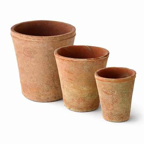 ReWu Terracotta Blumentopf 3er Set, gealterte Pflanztöpfe rund in Antik-Optik, dekorative Tontöpfe für Kräuter, Blumen und Pflanzen, für Garten, Balkon und Terrasse, 15,5/13 / 10 cm