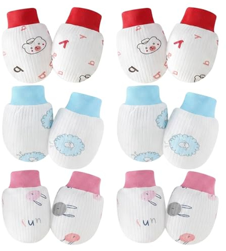 WORUIB 6-Pack Baby Mittens Set with Red Bear and Pink Rabbit Designs,Scratch Mittens Newborn, Protective Hand Covers for Infant Care, Soft Fabric for Daily Use, Dimensions 9 X 7 X 2 Cm