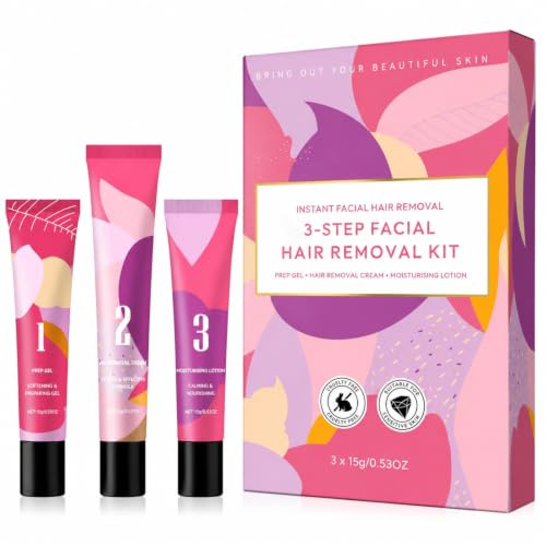 Facial Hair Removal Cream for Women & Men, 3-Step Facial Hair Remover Cream Kit with Pre-Softening Prep Gel, Depilatory Cream & Moisturising Lotion, for Upper Lip Chin Cheeks, Smooth Makeup Ready Skin