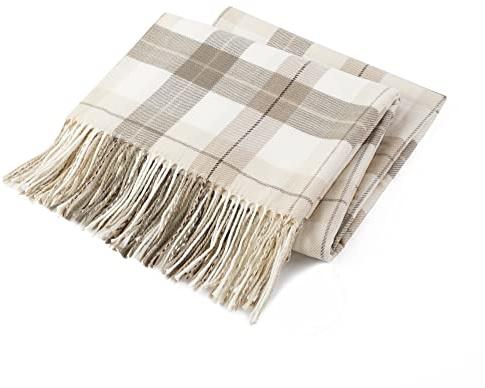 BATTILO HOME Fall Plaid Throw Blanket for Couch, Farmhouse Checkered Decor Throw, Lightweight Beige Throw Blankets for Bed Sofa Neutral Fall Decor, 49x63