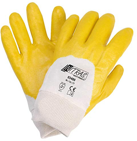 Nitras 03400 Nitrilhandschuhe mit Strickbund gelb - teilbeschichtet auf Baumwoll-Trikot Handschuh - VPE 144 Paar, Größe:9 (L)