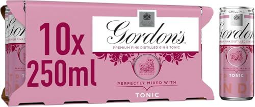 Gordon's Premium Pink Distilled Gin & Tonic | 5% vol | 10 x 250ml Can | Ready to Drink Pink Gin & Tonic Cans | Flavours of Raspberry | Strawberry & Redcurrant