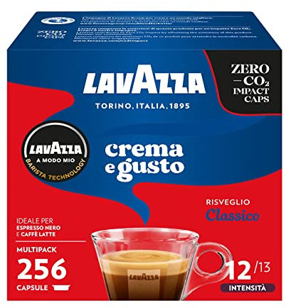 Lavazza, A Modo Mio Crema e Gusto Classico, 256 Capsule Caffè, per un Espresso con Note di Cioccolato e Frutta Secca, Arabica e Robusta, Intensità 12/13, Tostatura Media, 16 Confezioni da 16 Capsule