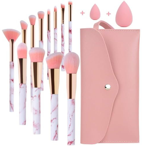 Makeup Brushes Sets Start Makers Professional 12Pcs Pink Marble Brush Set with Foundation Concealer Blush Eyeshadow Beauty Blender and Make Up Bag