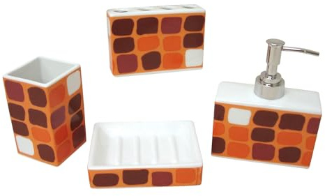 Conjunto 4 Piezas SOBREMESA BAÑO Juego Set DOSIFICADOR DISPENSADOR JABON JABONERA Vaso para CEPILLOS Porcelana Cuadros Naranja