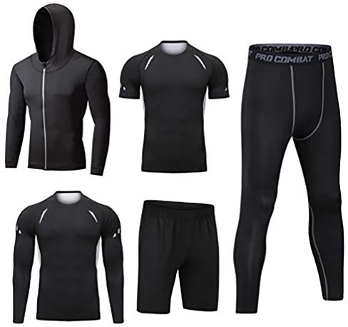 LucaSng Män 5 delar kompression funktionella underkläder sportkläder set, sportdräkt snabbtorkande jogging kläder tights löpkläder tröja gym träning löpning träningsoverall