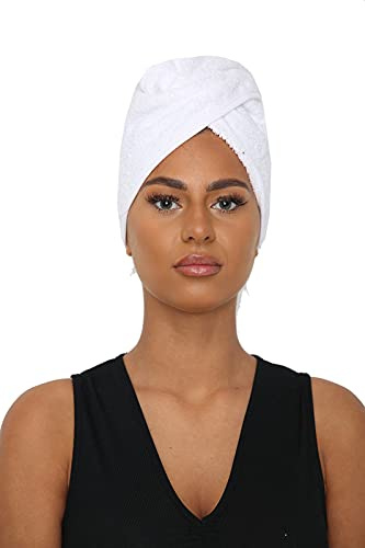 Toallas de secado del cabello, 100% puro de rizo de algodón, toalla de cabello suave, envoltura de cabello torcido, gorro de pelo, toallas de spa con lazo y botón para pelos largos (blanco)