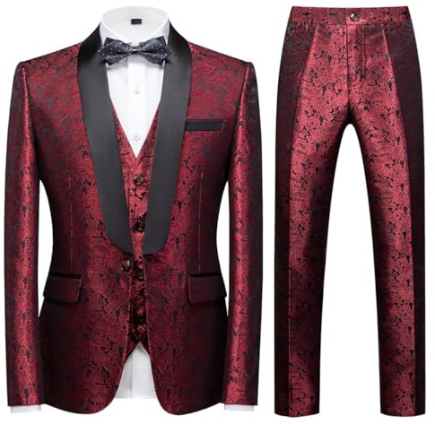 Herrdräkter 3-delad normal passform skinny Paisley Jacquard smoking kostym för bröllop vardag affärer middag fest smoking kostym set, Red, L