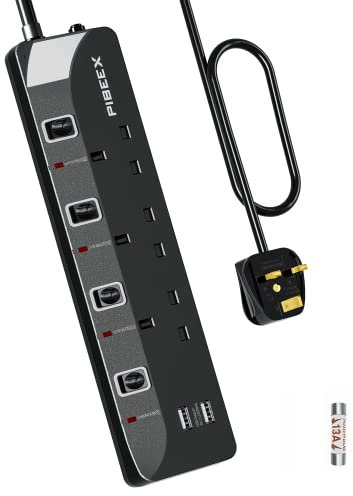 3M Extension Lead with USB Ports, 3 Way Outlets Power Strip with 2 USB Slots UK Power Socket with Individual Switch 3 Meters Plug Extension Wall Mounted Power Strip Black