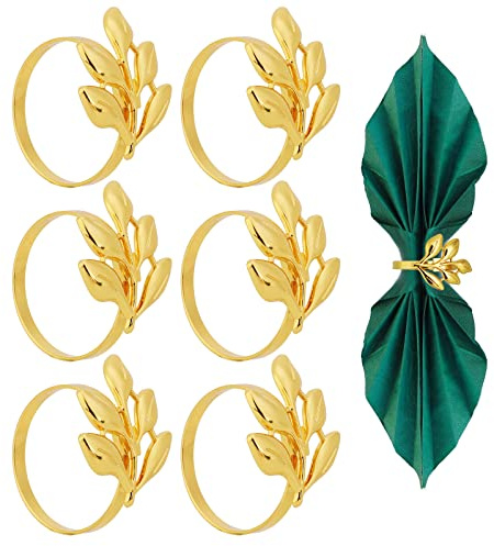 6Stück Serviettenringe Set, Metall Blätter Serviettenringe Tischdekoration Serviettenhalter Serviettenschnallen für Weihnachten Abendessen Party, Hochzeitsfeier, Jubiläum, Geburtstagsparty, Gold
