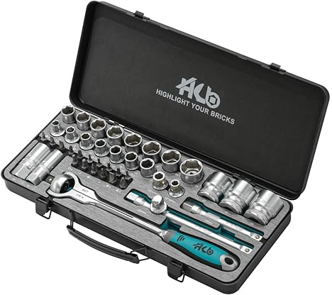 HB 42-teiliger Steckschlüsselsatz AKM014-G mit 90-Zahn 1/2 Ratsche 270° Schwenkkopf Umschaltfunktion Schnelllöseknopf Metallkoffer EVA Einsatz Profi Werkzeugset Chrom Vanadium Stahl Made in Taiwan