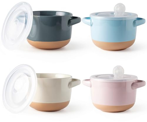 AmorArc Keramik-Suppenschalen mit Griffen und belüfteten Deckeln, 680 ml, französische Zwiebelsuppentrockte für die Küche, Steingut, Servier-Suppenschüssel für Suppen, mikrowellengeeignet, 4er-Set