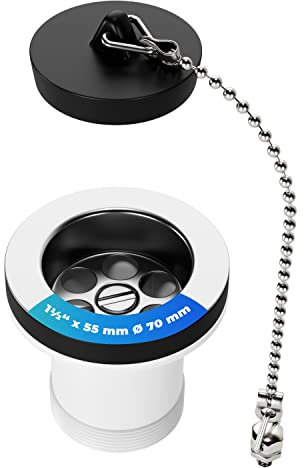 AQUADE 425-AQ Ablaufgarnitur 70mm 1½“ x 55mm Ablaufventil Universal mit Stöpsel und Kette 190mm mit KH M6 x 10 mm/Aus farblosem PA6 Kunststoff für Spüle/Waschbecken, Schwarz/Silber