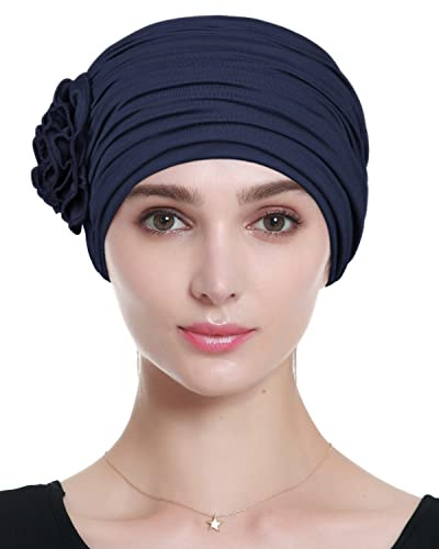 Copricapo per chemioterapia Abbigliamento da giorno confortevole per donne calve con capelli sottili Blu navy