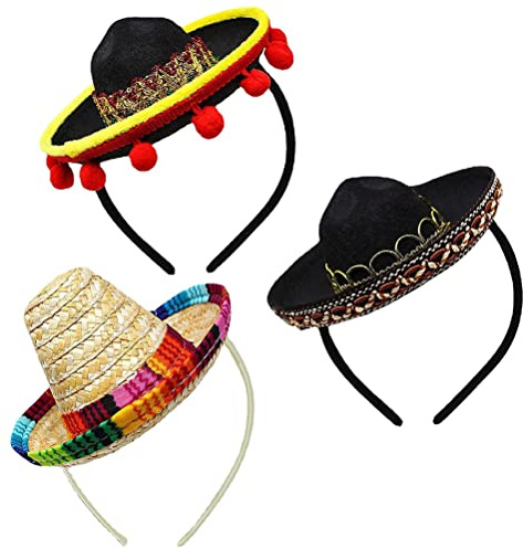Sahgsa 3 Stück Mini Karneval Hüte, Bunte Mini Strohhut Niedliche Sombrero und Stirnbänder Partyhüte Dekorationen Karneval Sommer Mexican Theme Dekorationen Party Favors