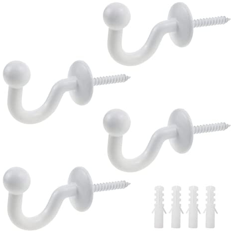 XINHAITC 4 Pack Curtain Tie Back Holdback Hooks Black Finish Ball End Curtain Tieback Hooks Securely Hold Your Curtain Tiebacks in Place (White)