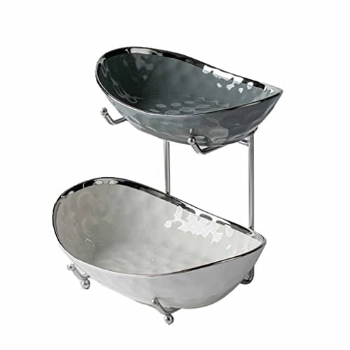 Frutero de cerámica de 2 niveles con soporte for encimera de cocina, estante de almacenamiento de bandeja de frutas de múltiples capas, bandeja de servir verduras for el hogar, oficina, sala de estar,