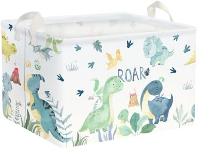 Clastyle Adorable Dinosaur Kids Storage Boxes Volcano Palm Leaf Clothes Books Basket Green Baby Toy Storage, 21L