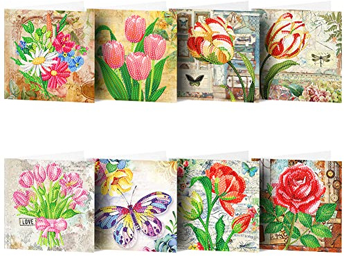 Starnearby 8 Pezzi Biglietti Auguri Motivo Floreale Diamond Painting Fai da te Strass Partial Pittura Diamante Biglietti Auguri con Buste Biglietti Natale, Cartoline, Biglietto di Ringraziamento