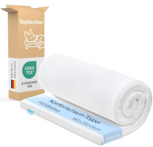 September – Topper 150x200 cm Komfortschaum mit 6 cm Höhe – Matratzenauflage mittelfester Härtegrad H3 – für Matratzen, Boxspringbetten etc. – Oeko-TEX® Standard 100 zert. – Bezug bei 60°C waschbar