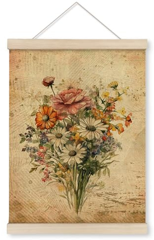 HRQKO Vintage Floral Poster Hanger Frame, Botanical Flower Wall Art, Retro Wildflower Decor with Wooden Frames, Rustic Daisy Flowers Wall Hanging Poster Decor for Living Room Bedroom, 12x16 Inch