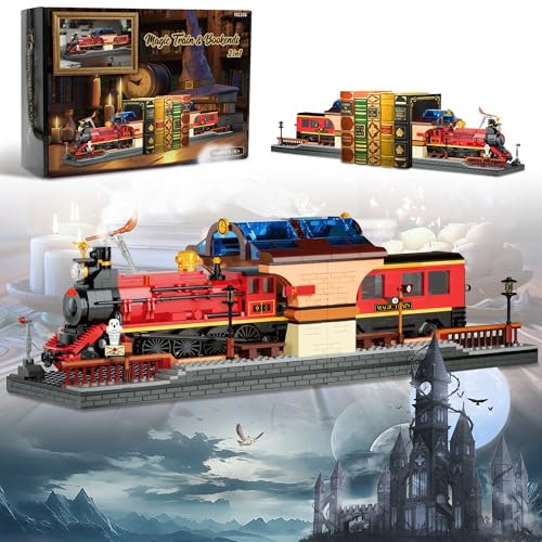AKWME 2-in-1 Magic Zug & Buchstützen Bauset, Heimdekoratives Bausteinspielzeug, Ideales Sammler- & Ausstellungsbauset für Erwachsene & Kinder, Cooler Bücherregal-Organizer & Heimdekoration 1068 Teile
