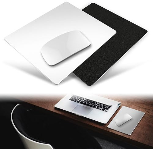 MyGadget Metall Mauspad [ 18cm x 23cm x 0,25 cm ] - Glatte Oberfläche & rutschfeste Kunstleder Basis [ mit Zubehör ] - für Mäuse wie Apple Magic Mouse usw. - Silber