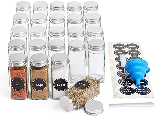 Qupzze 24 Stück Gewürzgläser Set, 120ml Glas Gewürzdosen eckig Aufbewahrung mit Schwarz Deckel, Ausgangssiebe, Trichter, Bürste, Etiketten & Kreidestift, et, 10,5 x 4,5 cm