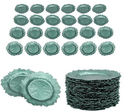 Green Charger Plates, 24 Pack 12.6 Inch Round Reusable Plastic Serving Plates Bulk, Decorative Dinner Plate Chargers for Wedding, Party, Event, Banquet, Restaurant, Holiday, Table Setting, Kitchen Use