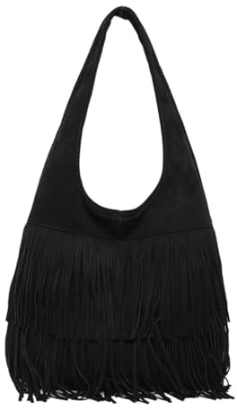 CORIOS Damen Wildleder Handtasche Vintage Fransen Hobo Taschen für Frauen Schultertasche mit Quasten Retro Tragetasche Weiches Kunstleder Henkeltaschen Elegant Arbeit Shopper Reise Tote Beutel Schwarz