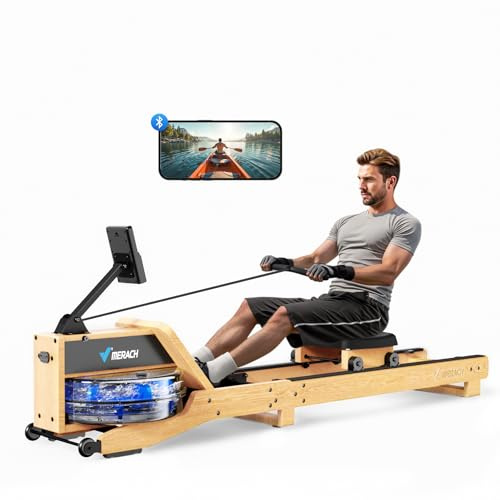 MERACH Home water rower, folding rowing machine with load capacity of 158 kg, special screen and comfortable seat R23 (natural wood color)