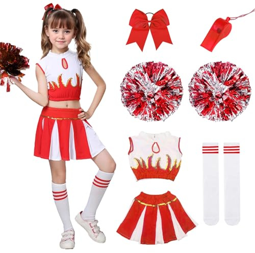 HUIKUANGEU Cheerleader Kostüm Kinder,Cheerleadering Outfit Mädchen,Kinderkostüm Cheerleader,Cheerleader Outfit,Cheerleading Kleid Cheer Uniformen mit Pompons,für Karneval,Fasching,Mottoparty