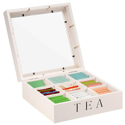 Tea Box Organiser Wooden Tea Bag Holder with 9 Compartments and Viewing Window Tea Caddy Practical Teabag Storage Box Reusable Large Capacity Tea Bag Organizer for Home Office Use Gift (White)